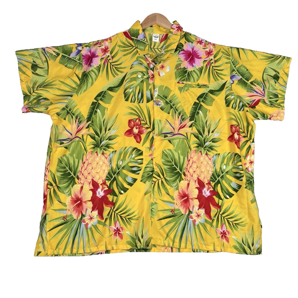 OCEAN BLUE APPAREL Hawaiian Shirt Men's Size 3XL Yellow‎ Tropical Button-Up Luau